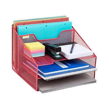 Imagem de Mind Reader Organizador de mesa, suporte de arquivo vertical, bandejas de papel, espaço de trabalho, escritório, malha de metal, 30 cm C x 28 cm L x 24 cm A, vermelho