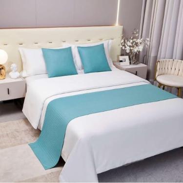 Imagem de Cachecol de cama de hotel luxuoso cor pura decoração de cama de qualidade simples proteção de cama casa de hóspedes toalha de cama macia para cama de solteiro queen king size - azul||Apenas 2 fronhas