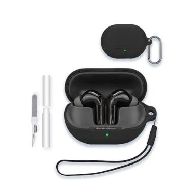Imagem de Capa para fones de ouvido Soundpeats Air 5 Pro Active Noise Cancelling 2025, capa protetora de silicone macio WUNIAK portátil resistente a arranhões com kit de limpeza, mosquetão e cordão, preta