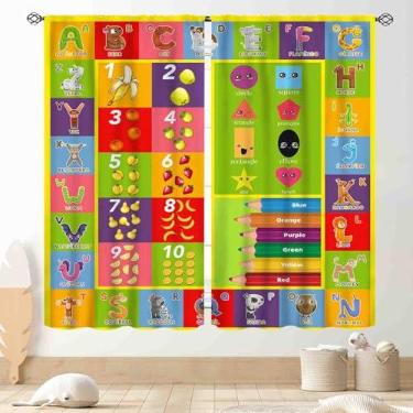 Imagem de TKUYO Cortinas de sala de aula do alfabeto ABC, desenho animado educativo, fofo, colorido, volta às aulas, cortina de janela verde para bebês, meninas, meninos, quarto, sala de estar, berçário