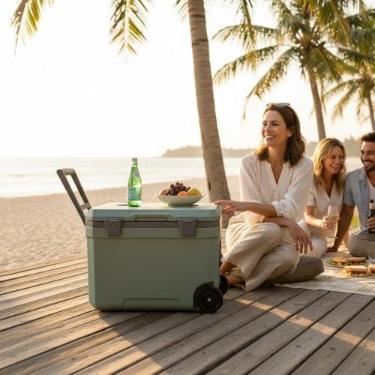 Imagem de Cooler com Rodinhas Tucca Capim 45L Verde Caixa Térmica Grande Portátil Para Praia Camping Churrasco Bebidas Geladas Vedação Borracha Resistente Design Moderno