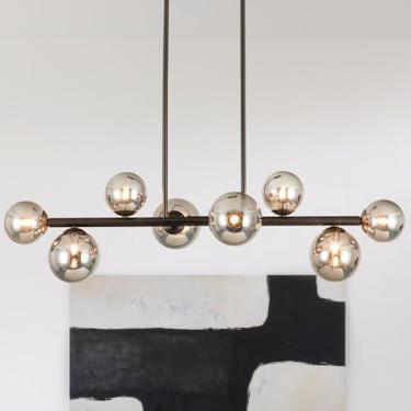Imagem de Jonsi Luminária de sala de jantar sobre mesa, lustres de meados do século, lustre linear de vidro globo cinza fumaça moderno 8 luzes ajustável pendurado no teto para sala de estar sala de jantar