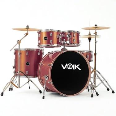 Imagem de Bateria Acústica Voik BAM22-RC Cor Red Copper Brilhante Bumbo 22" Caixa Com Botão de Ajuste Fino Na Vibração 8 Peças Maquina de Chimbal Completa Com Pratos + Banco e Baqueta P/Iniciantes FOCUS Séries