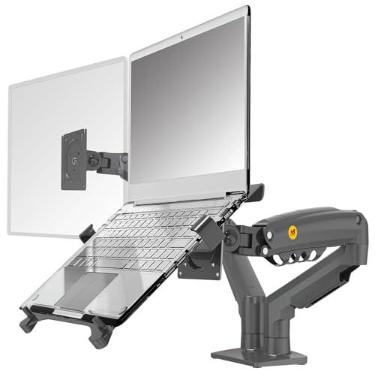 Imagem de Suporte de laptop com bandeja ajustável NB North Bayou F160-FP, para laptop de 10–17”, braço de movimento total com placa VESA para monitor de 17–30”, montagem de prensa/anel de rosquear (preto)