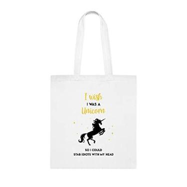 Imagem de I Wish I Was A Unicorn So I Could Stab Idiots With My Head Sacola, Sacola Engraçada, Bolsa de Ombro, Sacolas Reutilizáveis, Cesta de Natal de Aniversário, Branco