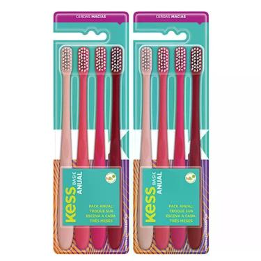 Imagem de Kit Escova de Dente Kess Basic Cerdas Macias Nylon Design Ergonômico Rosa Pack Anual com 8 Unidades