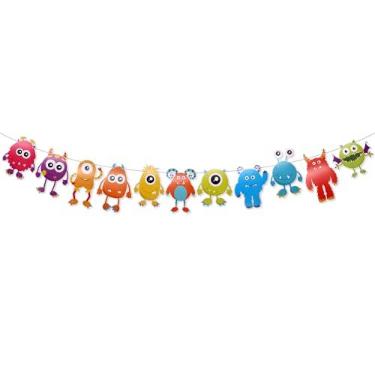 Imagem de Faixa Little Monster para decorações de festa de aniversário com tema de monstro, suprimentos de festa de chá de bebê, guirlanda de monstro de desenho animado