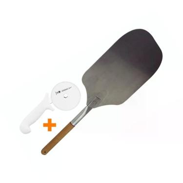 Imagem de Conjunto para Pizzaria 2 Peças Pá para Pizza Cabo Curto Madeira e Cortador Profissional Tramontina