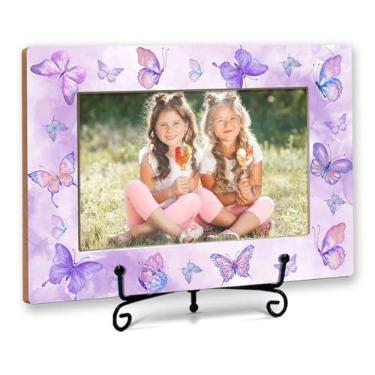 Imagem de CWIOQPYI Porta-retrato Butterfly Friends 10 x 15 cm, moldura pequena de madeira com suporte de ferro, presentes de borboleta roxa, decoração de mesa horizontal para casa - B10
