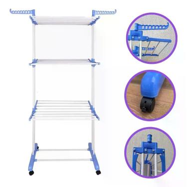 Imagem de Varal de Chão Dobrável 3 Andares com Rodinhas Portátil Metal Azul Orga
