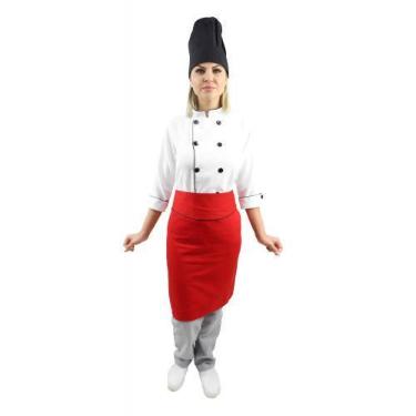 Imagem de Kit chef cozinha feminino Dolmã manga 3/4 + Avental vermelho + Chapéu 