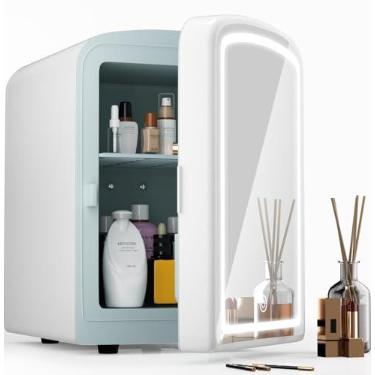 Imagem de COYCYQI Mini geladeira 4L para cuidados com a pele com espelho de LED regulável, geladeira portátil de beleza para maquiagem, cosméticos, geladeira pequena pessoal com cooler e aquecedor para quarto