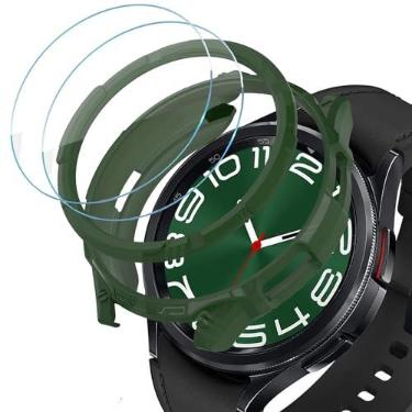 Imagem de DEALELE [Pacote com 2 + 2] Capa compatível com Samsung Galaxy Watch 6 Classic 43 mm/47 mm, capa protetora de PC + anel de bisel de três provas, 2 películas protetoras de tela de vidro temperado, verde