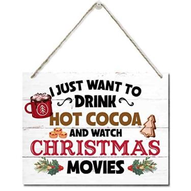 Imagem de AUII JO DESIGN Placa de Madeira para Pendurar Na Porta de Feliz Natal, "Eu Só Quero Beber Chocolate Quente e Assistir A Filmes de Natal", Placa de Feliz Natal, Decoração de Cozinha (, Branco)