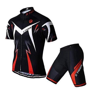 Imagem de Conjunto de camisa de ciclismo masculino X-Tiger, conjunto de manga curta para ciclismo com shorts acolchoados de gel 5D, conjunto de roupas de ciclismo para MTB Road Bike RED Black (GG)