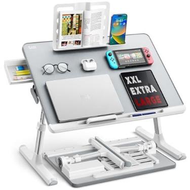 Imagem de Bandeja de cama para laptop, mesa de cama ajustável SAIJI para laptop, suporte dobrável para laptop com gaveta de armazenamento para comer, trabalhar, escrever, jogos, desenhar (cinza cáqui, GG)