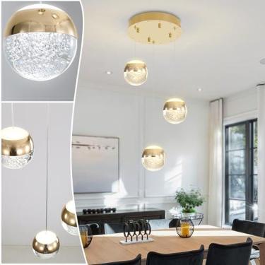 Imagem de Shial Lighting Luminária Pendente De Cristal Moderna, Globo Dourada, Lustre Meados Do Século, Suspensa Com 3 Luzes Para Ilha Cozinha, Lustres Sala Jantar E Quarto