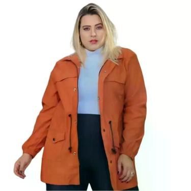 Imagem de Jaqueta Parka Feminina Plus Size Com Bolsos Ziper Frontal E Botoes Ele