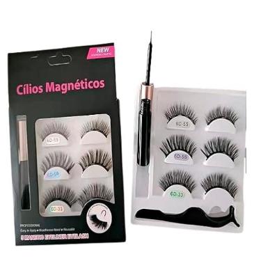Imagem de Kit 3 Pares de Cílios Postiços Magnéticos 5 imãs + Delineador + Aplicador