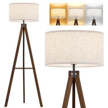 Imagem de ELYONA Luminária De Chão De Tripé De Madeira Com Mesa, Luz De Pé De Prateleira Com Lâmpada Led De 3 Temperaturas De Cor, Luminária De Chão Alta De Madeira Moderna De Meados Do Século Com Abajur De L