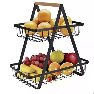 Imagem de Fruteira de Mesa 2 Andares Metal e Madeira Organizador de Frutas e Legumes com Alça Preta Carisma