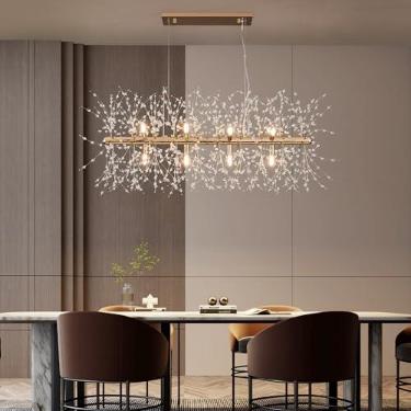 Imagem de witkey Lustre Moderno De Cristal Dourado Com 35,4" Em Formato De Fogos De Artifício, Luminária Pendente Com 12 Lâmpadas, Lustre Retangular Linear Sputnik Em Formato De Dente-De-Leão Para Sala De Jan