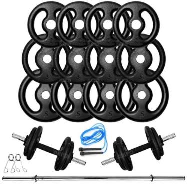 Imagem de Kit Musculação 40Kg Anilhas E Barras + Corda Treino Em Casa