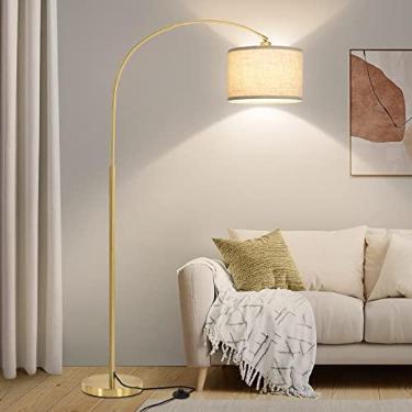 Imagem de Luminária de chão dourada, luminária de chão de arco para sala de estar com abajur de tambor ajustável, lâmpada de pé alta moderna com interruptor de pé liga/desliga, luz de leitura arqueada sobre o
