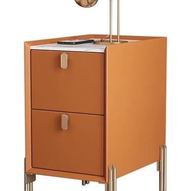 Imagem de Mesa lateral estreita de meados do século | Mesa de cabeceira moderna com 2 gavetas de armazenamento | Mesa de cabeceira minimalista de pedra sinterizada para espaços pequenos, laranja, 40x3