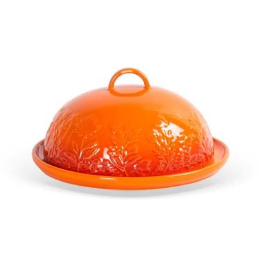 Imagem de Queijeira Cerâmica Laranja Relevo Floral com Tampa 20cm BTC