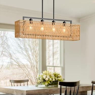 Imagem de InterMaka Lustres de vime para sala de jantar, lustre linear de 4 luzes lustre boho de 81 cm lustres retangulares pretos sobre mesa, iluminação de ilha de cozinha de vime luminária pendente de fazenda
