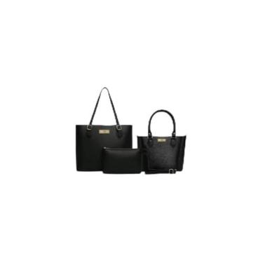 Imagem de Kit 3 Peças Bolsa Feminina com Alça Trançada, Couro Sintético, Preta, Inclui Bolsa Grande, Bolsa Transversal e Necessaire