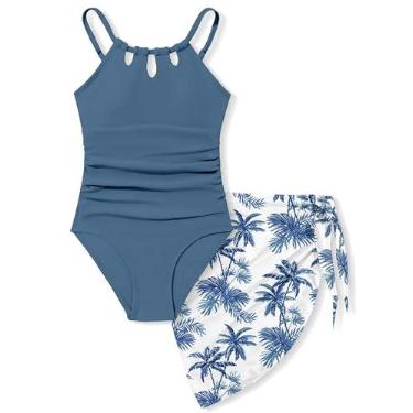 Imagem de KANGKANG Maiô feminino de secagem rápida com corte de peça única com estampa tropical saída de praia 7-18 anos, Azul-escuro - 1, 11-12 Anos