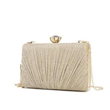 Imagem de Bolsa Clutch Festa Feminina Dourada Superfície Poliéster Mão Ombro Transversal Com Correntes Removíveis