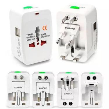 Imagem de Adaptador Tomada Universal Viagem Internacional Uk Eua Europa Asia C/ 2 Usb Compatível Com Todos Os Países
