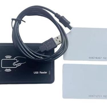 Imagem de Leitor de cartão RFID 125khz EM4100 Desktop ID Card Reader Interface USB + 2 peças de cartão de identificação (8H10D-1)