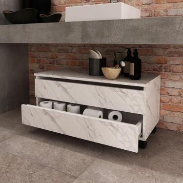 Imagem de Balcão Gabinete Gaveteiro Multiuso 80 cm 2 Gavetas 4 Rodízios Para Banheiro Cor Branco Mármore