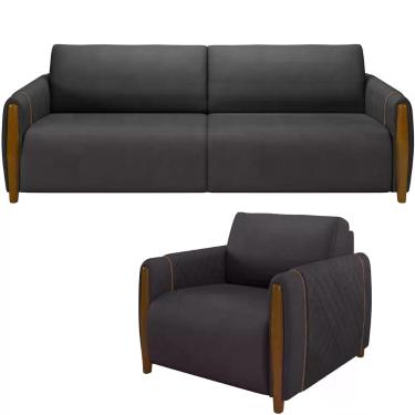 Imagem de Kit Sofá 3 Lugares Sala Estar 223 Com Poltrona Flora Pés Madeira M03 m
