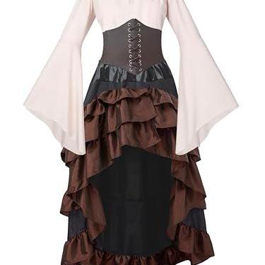 Imagem de GOLDSTITCH Fantasia feminina de pirata medieval renascentista camisa saia espartilho cinto fantasias de pirata Halloween, Marrom, XX-Large