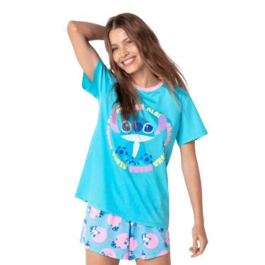 Imagem de Short Doll Pijama Feminino Conforto Stitch Azul Fofo Puket, GG