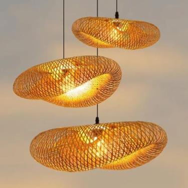 Imagem de Kit 3 Luminárias de Teto Lustre Pendente Bambu Honolulu Rústico 40cm Fibra Natural Vime Trançado Fee Utilidades