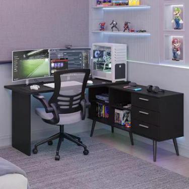 Imagem de Mesa Para Computador Gamer Em L 3 Gavetas Preto Lisboa Madesa