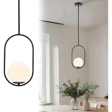Imagem de Luminária pendente moderna para restaurante, luminária decorativa com cúpula esférica de vidro e aro de metal, abajur de cabeceira com altura ajustável. Ideal para corredores, entradas, vest