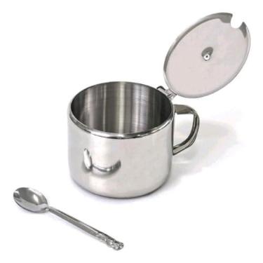 Imagem de Açucareiro em Inox Inoxidável Com Colher E Alça Prata Pequeno De Mesa Com Tampa 200 Ml Para Café, Suco, Chá, Capuccino PREMIUM SYANG