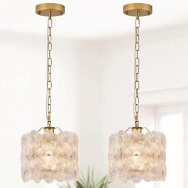Imagem de Poemoon Pacote com 2 lâmpadas pendentes de vidro dourado moderno 1 flor pequena iluminação pendente de teto para cozinha ilha pia sala de jantar quarto entrada corredor, E26