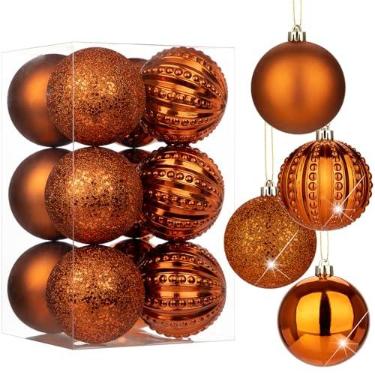 Imagem de Bolas de Natal laranja acastanhadas de 8 cm, 12 peças, conjunto de enfeites de Natal inquebráveis, enfeites de bolas de Halloween, enfeite laranja grande para festa de Natal