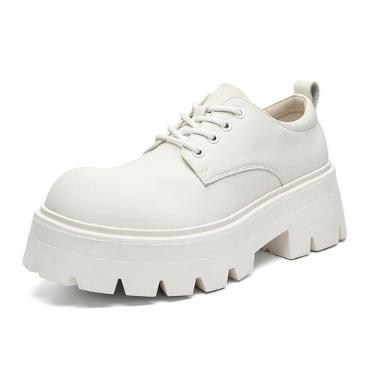 Imagem de Sapato Oxford masculino plataforma de couro – sapatos clássicos de bico redondo com cadarço – confortável antiderrapante sola de salto grosso, sapatos Derby elevados, Branco, 44