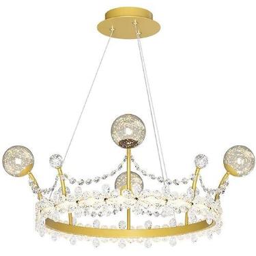 Imagem de Lustre de cristal dourado de 23,6" com filamento de corda, bola de vidro, coroa de princesa, lustre para quarto de meninas, luminária pendente de teto LED regulável para quarto de crianças,