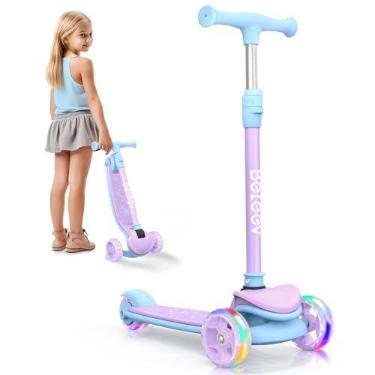 Imagem de Patinete BELEEV para crianças de 3 a 12 anos, dobrável, de 3 rodas para meninas, meninos, rodas de poliuretano com iluminação LED, 4 alturas ajustáveis, inclinadas para dirigir (roxo)