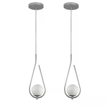 Imagem de Kit 2 Pendentes Lustres On Drop Prata Globo De Vidro Branco